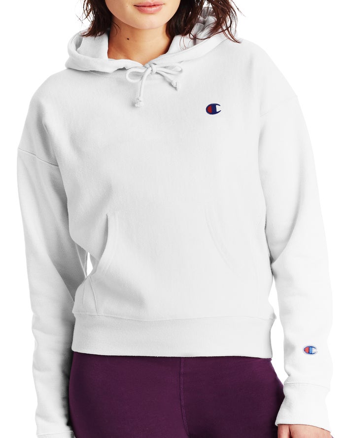 Champion Womens Hoodie NZ - Reverse Weave C Logo White ( 0618-SXNVP )